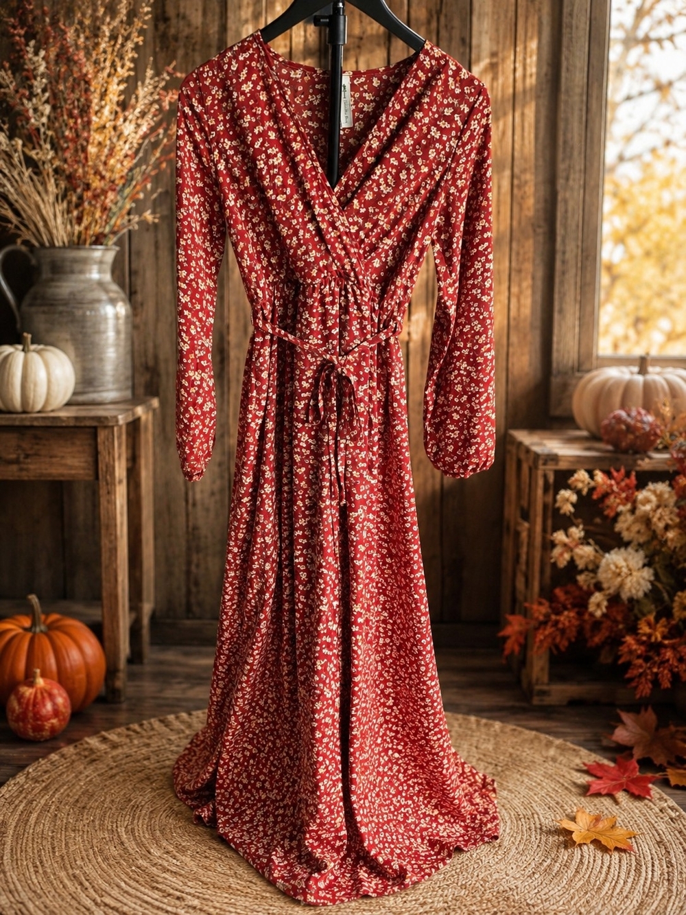 Vanilla Bay Rust Colored Floral Wrap Maxi Dress with Tie Waist Size M